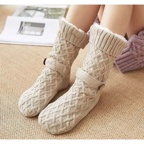 Søde og varme sokker med knap og antislip - FLUFFIGE - One Size BEIGE