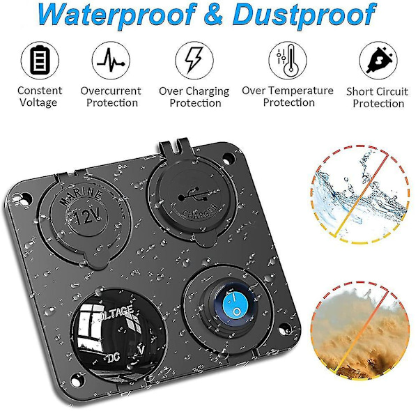 Marine Båd RV 12V Oplader Stikkontaktpanel, 4 i 1 DC 12V Udløbspanel Multi USB Hurtiglader med Tænding