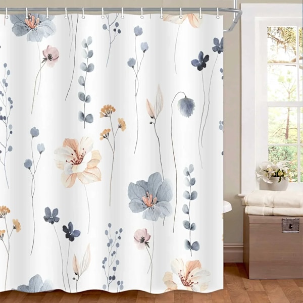 Blommedusjforheng Akvarell Liten Baderom i Frisk Stil Vanntett Polyester Gardinveggdekorasjon med Kroker C10126 120X160cm C10126