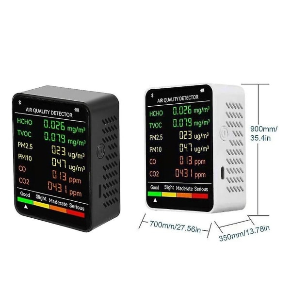 6 i 1 Pm2.5 Pm10 Hcho Tvoc Co Co2 multifunksjonell luftkvalitetsdetektor LCD-skjerm Luftkvalitetstester - Hvit--svart