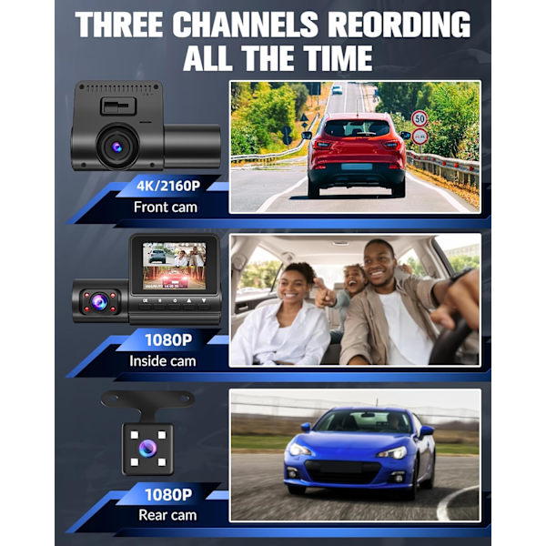 Bilkamera, 4K Full HD Dash Cam fram och bak inuti, Dashcam med nattsyn med gratis 32 GB SD-kort, inbyggd loopinspelning, G-sensor, WDR