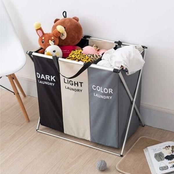 Foldbar vaskeromskurv Trippel vaskeromskurv 3 avtakbare poser (155L) med stoffhåndtak for baderom Hjemmevask 68x38x60cm (Grå Hvit Svart)