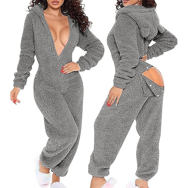 Kvindes Sexy Dyb V-udskæring Bodycon Jumpsuit Pyjamas Langærmet Romper Nattøj Grå Grey M