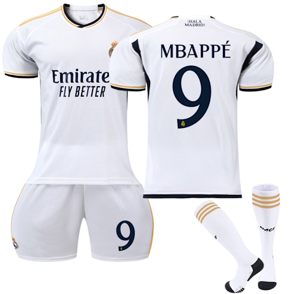 23-24 Real Madrid Hemma Fotbollströja Kit Med Strumpor Nr 9 Mbappé Adult L