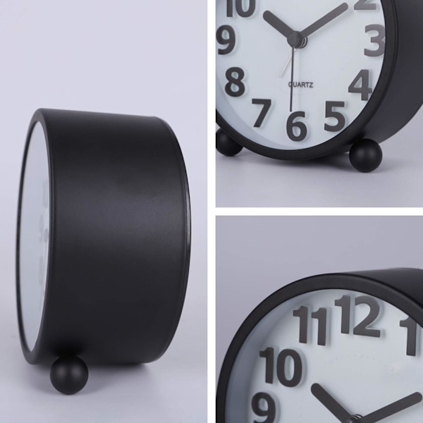 Tyst Analog Väckarklocka, Svart Metall Stora 3D Siffror, Snooze