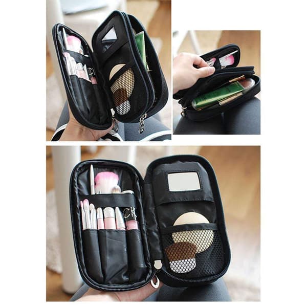Makeuptaske med spejl 2-lags kosmetisk organisering, sort-FA-