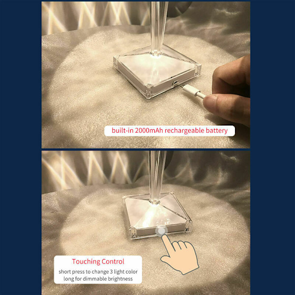 Diamantkristall bordslampa, USB-laddningsbar kristallsänglampa, justerbar temperatur/ljusstyrka, litiumbatteri touch-typ