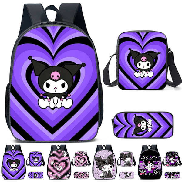 3 st/set Kuromi Ryggsäck Barn Skola Axelväska Ryggsäck Handväska Pennfodral B