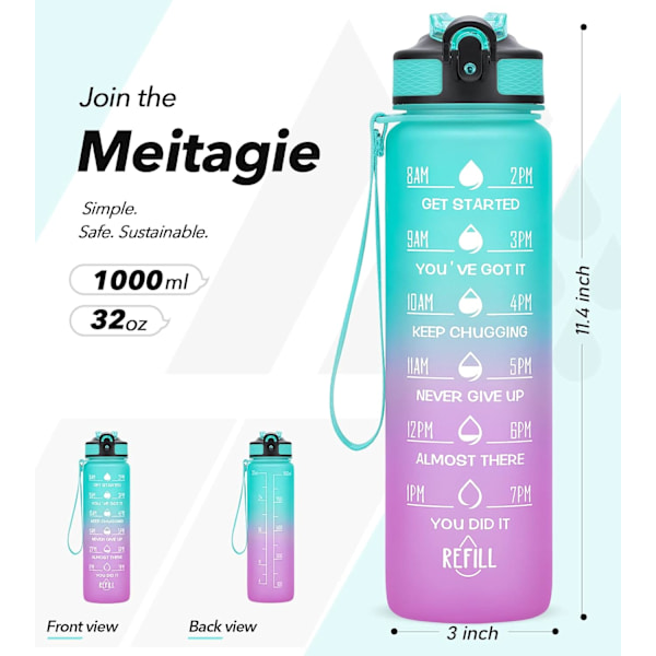 Vattenflaska med sugrör och spännhandtag, 1 liters vattenflaska