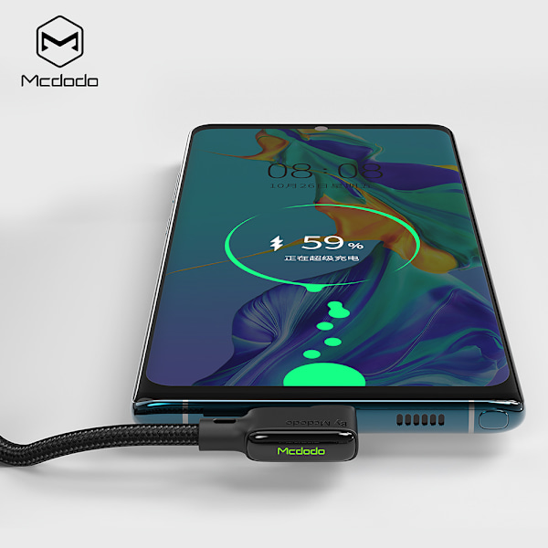McDodo CA-7310 USB-C-kabel med LED, QC 4.0, 1.8m, svart