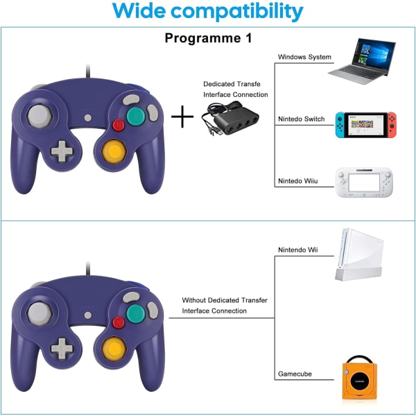 Gamecube Gamepad, 2-pack Klassisk Gamepad med Vibrationsjoystick, Kompatibel med Gamecube/Wii U/Wii/PC/Switch Controller, Blå Lila