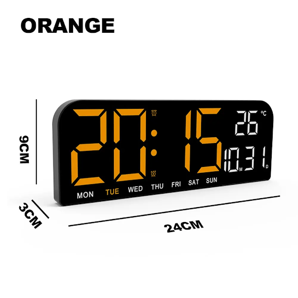9,0 tum stor digital väggklocka med temperatur, datum och veckodagar, nattläge, tabell, väckarklocka, 12/24H, elektronisk LED-klocka Yellow