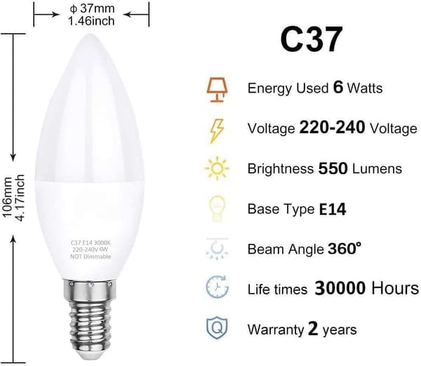 LED-lampa E14, varmvit 3000K, C37 LED 6W (motsvarar 60W halogenlampor), 360° strålvinkel, 6-pack-FA7-