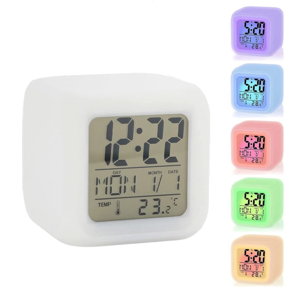 LED-vekkerklokke Sengesidebord 7 farger Display Digital klokke Barn Vekkarklokke med Snooze-funksjon Nattlys Temperatur Tid Dato