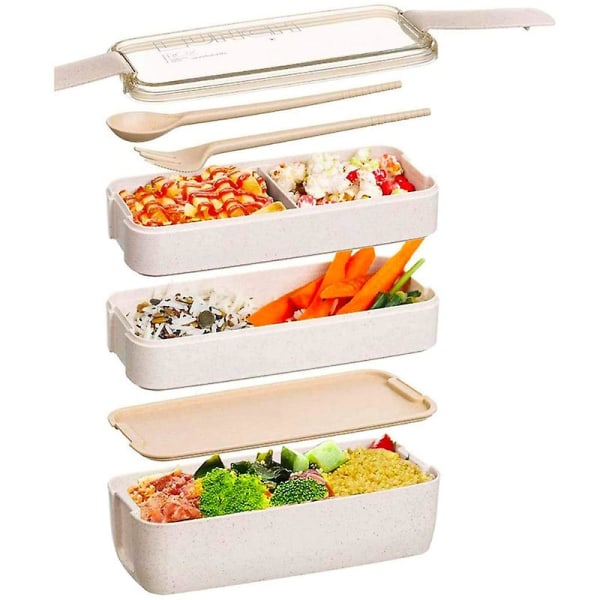 Japansk stil Bento-boks, 3 i 1 fack, hvetestrå, miljøvennlig Bento-boks Bento-boks måltid p