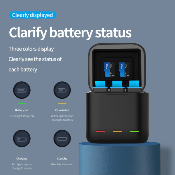 TELESIN batteri 1750 mAh til GoPro Hero 10 3 måder LED lys Bat