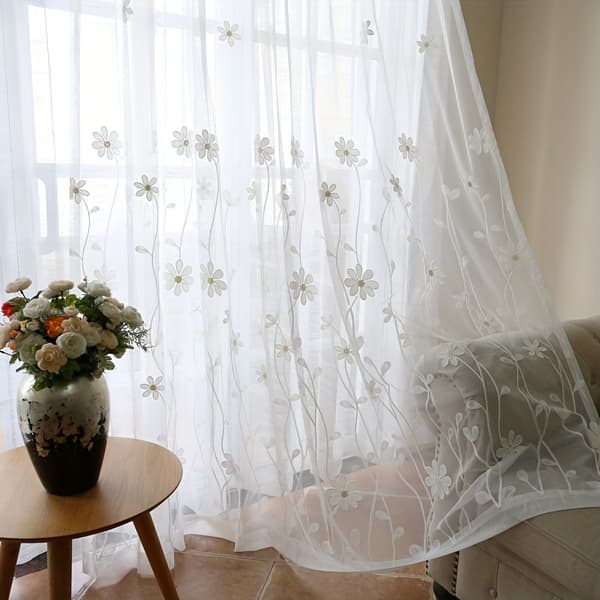 Vit blommig broderad skir voilegardinpanel 2-pack 100x180cm 100x180cm White