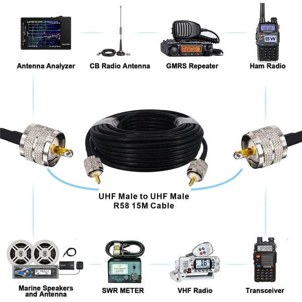 RG58 UHF-kabel 15m PL259 UHF-hane till UHF-kontaktadapter Amatörradioantennkabel Lågförlust CB-koaxialkabel för radio