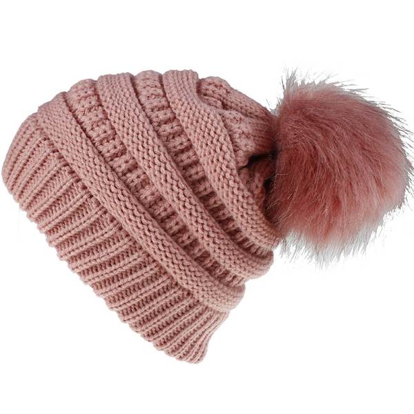 Mote retro hodeplagg kvinnelig ensfarget ullkule strikket lue Pink