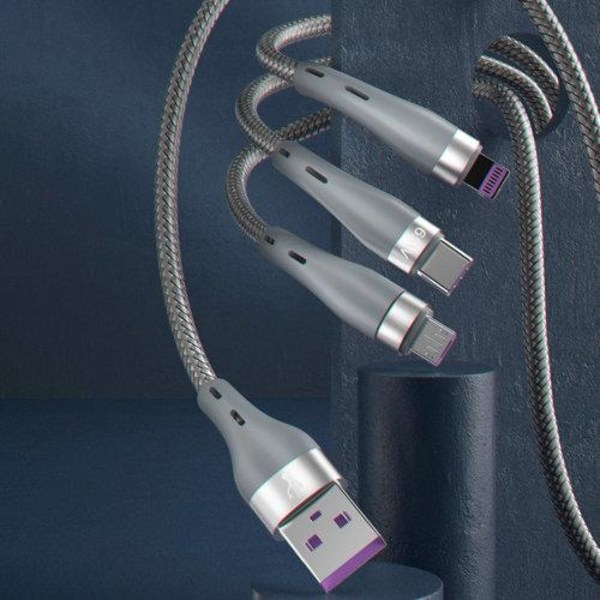 65W Super 3-i-1 laddkabel - iPhone / microUSB / USB-C 1,2m gray 140