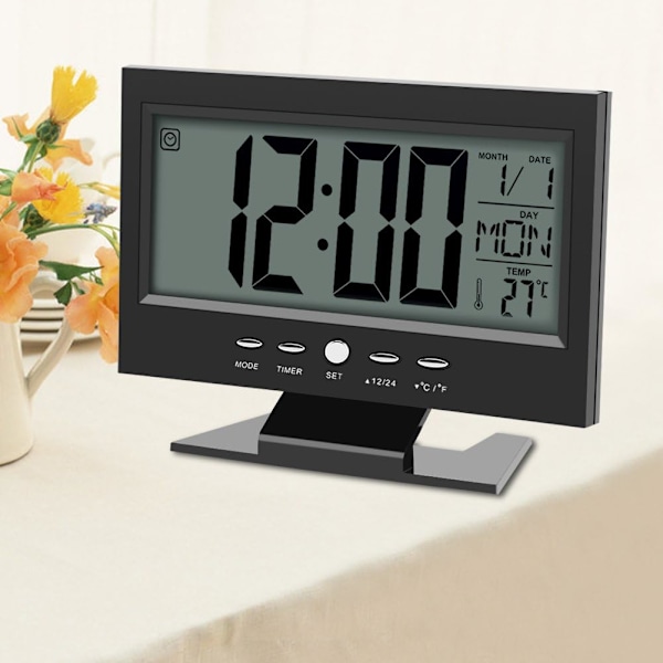 Stor LCD-skärm Digitalt ljudsensor skrivbordslarm (svart)