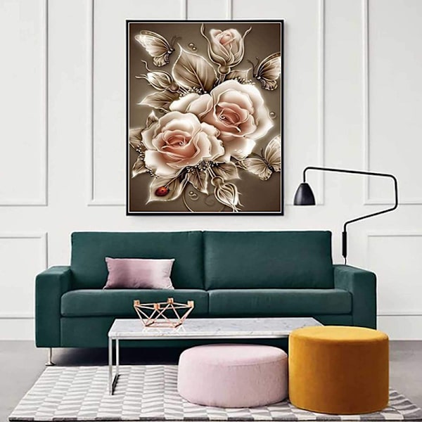 5D Diamantmålning, Vas Full av Diamanter, Fjäril och Fågel Blomma Dekorativ Målning - Mörk Roséguld - (12*16 tum)