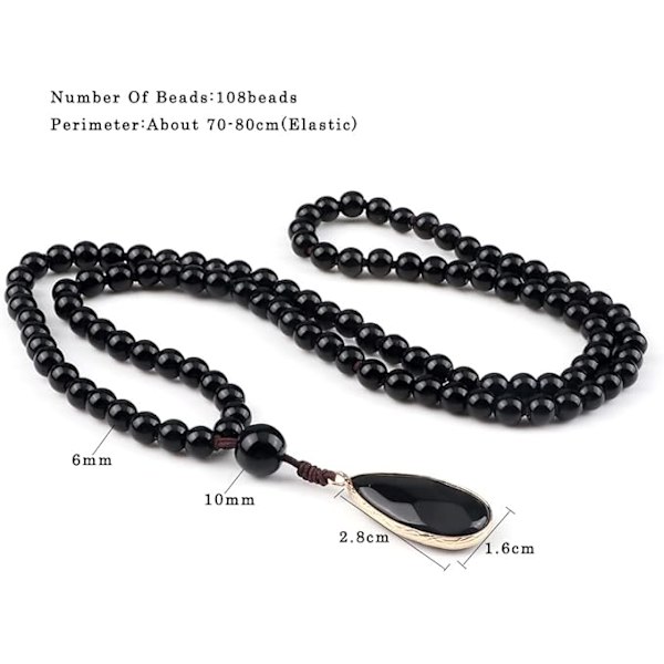 Svart Obsidian Halsband: Mala Beads-Hänge, Buddhistiska Smycken