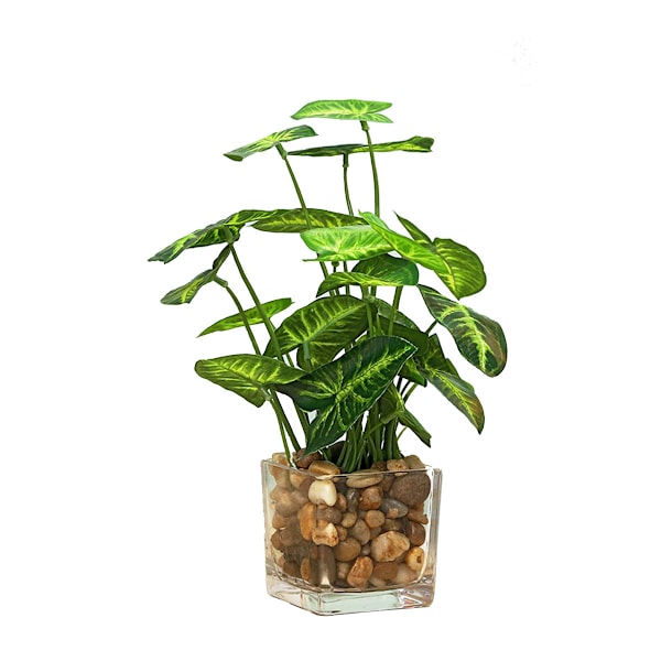 Glassflaske med kunstig plante i vintergrønn kløverdesign
