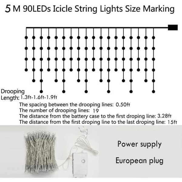 LED Islygter 5M 96 LED Vindue Gardinljus Vandafast Lysstreng - Varmt Hvid