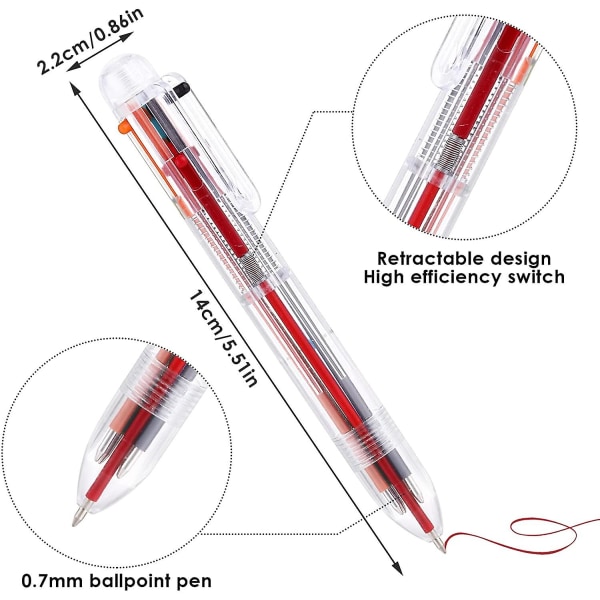 6-pakkaus 6-in-1 monivärisiä kuulakärkikyniä, 0,7 mm sisäänvedettäviä kuulakärkikyniä, monivärisiä mustekynät
