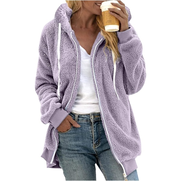 Dam Vinter Hoodie Varm Plysch Parka Med Dragkedja Fickor Lös Kappa Dam Kläder Teddy Fleece Jacka Långärmad Vinterjacka Ytterkläder Streetwear Lila 4XL Purple