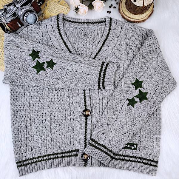 Taylor Swift Star Folklore Cardigan Stjärnbroderad Oversized Stickad Knapptröja Grå Grey L