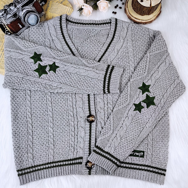 Taylor Swift Star Folklore Cardigan Tähti Brodeerat Ylisuuri Neulostuva Nappi Ylös -Paita Harmaa Grey S