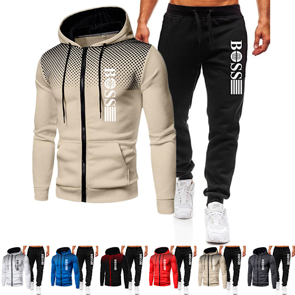 Höst- och vinterträningsset för män, sportkläder, hoodie, jacka, sweatshirt, joggingbyxor khaki-svart Khaki-Black 2XL