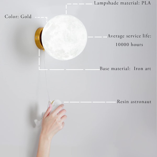 Vegglampe for innendørs bruk, moderne vegglampe 15 cm, måne- og astronautdesign LED-vegglampe, innendørs vegglampe for barnerom
