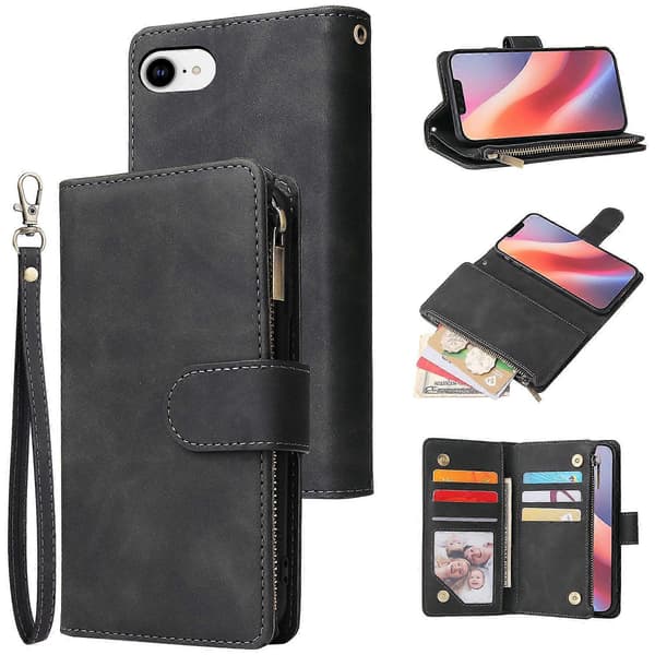 CASEME 013 Series PU læderpung etui stander til iPhone 16e - Sort-FA-