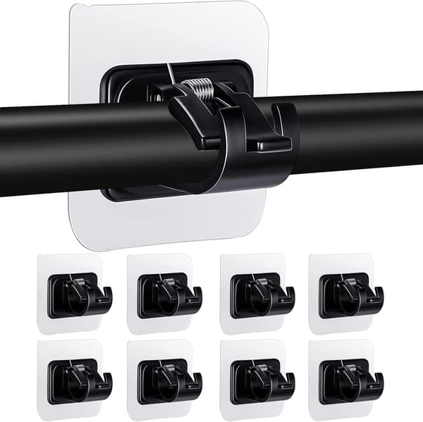 8-pack Curtain Rod Brackets No Drilling, Clear Plastic Self-Adhesive Rod Holder, Black-FA-
