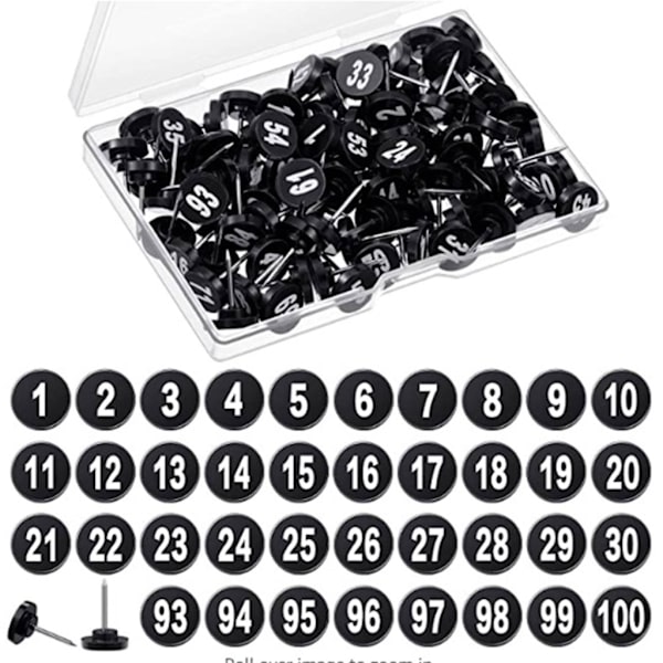 100 stk. nummererede kortnåle - Nummererede kortnåle til fotovægdekoration opslagstavler Sort Black