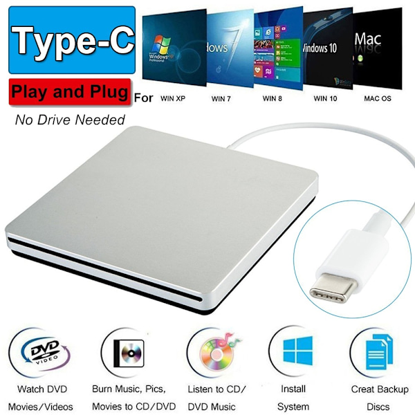Extern CD/DVD-läsare TYPE-C 3.0, Silver