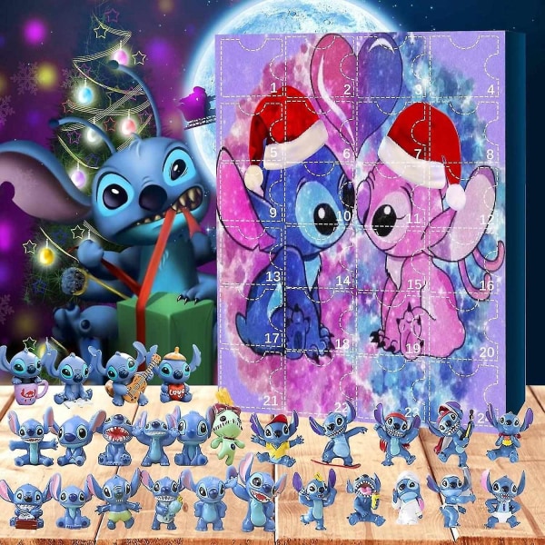 Anime Stitch jul adventskalender kompatibel för barn 24 dagars julnedräkning 24 st tecknade leksaker prydnad