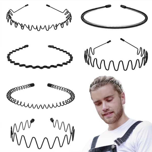 6 ST. Metallhårband Svart hårklämma Spring Wave Hårband Multi-Style Unisex Flexibla pannband Tillbehör för kvinnor män