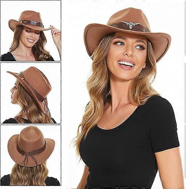 Klassisk cowboyhat til mænd, bredskygget cowboyhat til kvinder, western cowboy-stil hat-FA- Brown