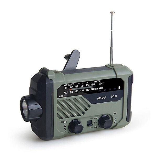 Hätätilanne AM/FM/NOAA-radio, käsikäyttöinen paristokäyttöinen aurinkoradio LED-taskulampulla, SOS-hälytys Military green