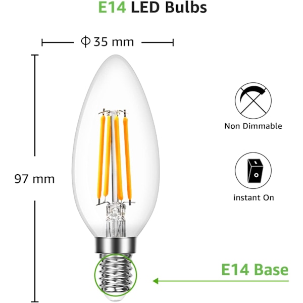 Glödlampa E14 LED-ljus 4W  LED varmvit, 470 lumen glödtrådslampa