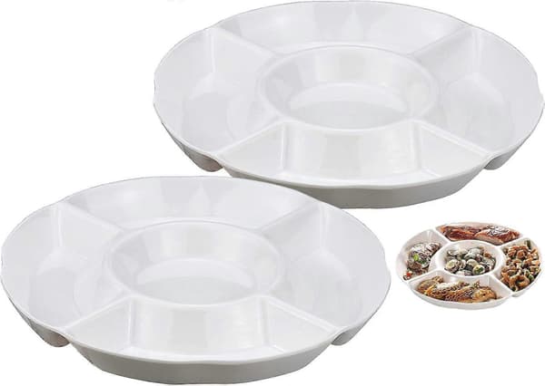 2-pack Snack Plate, 5-Compartment Plastic Plate for Fruit Snacks or Candy - 25 x 3 cm, White-FA-