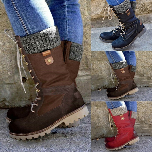 Kvinners flate snøresko med midtkåpe Boots Dame Biker Ridning Vinter varme sko rød red 37
