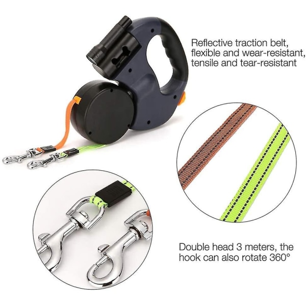 Betterlif dobbelt innfellbart hundekobbel, 3 m dobbeltkobbel for to hunder Smidig dobbel hundekobbel med sklisikkert håndtak, for små og mellomstore D