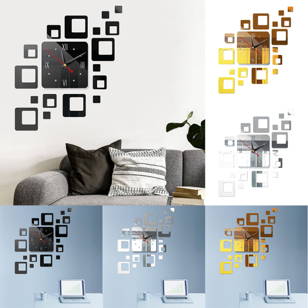 Modern 3D stor väggklocka Spegel Yta klistermärke Art Decor Rum Gold