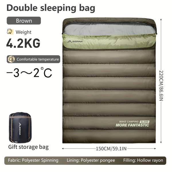 Dobbelt sovepose til camping, vandreture, rejser, 2 personer, rektangulær 4.2KG Brown