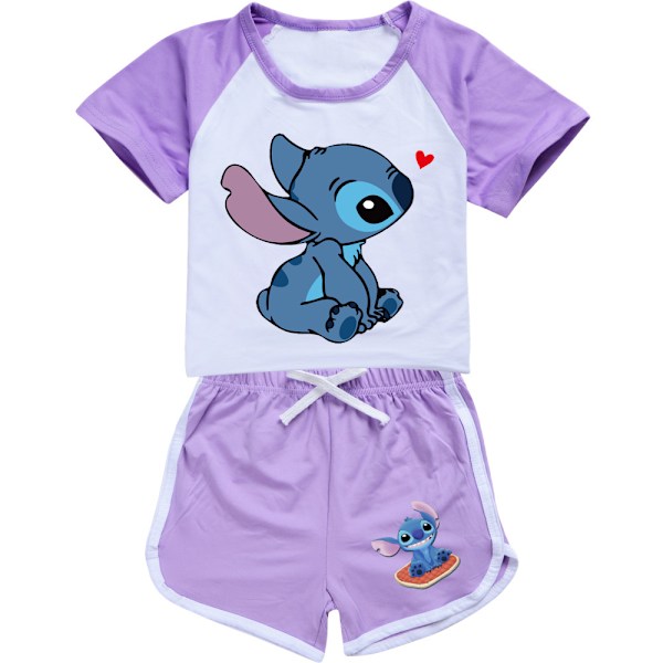 Barnjenter Lilo Stitch Trykt Avslappet T-skjorte Shorts Tracksuit Sett Alder 7-14 År Lilla Purple 150cm